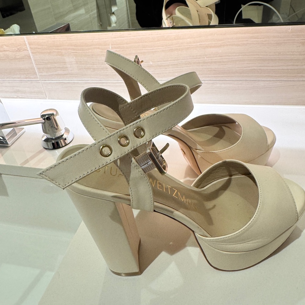 Beige Platform Block-Heel Sandals with Ankle Strap